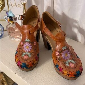 Floral Embroidered Leather Heels
